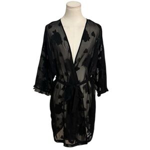 LA INTIMATES Black Rose Flower Burnout Sheer Robe Sz L Sexy Lingerie Tie Coverup